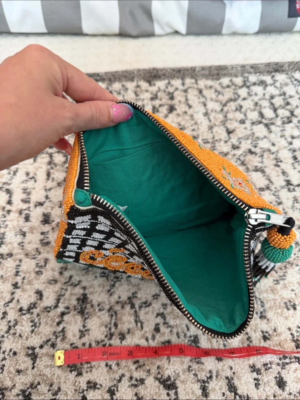 Beaded 'c'est la vie' Clutch in Black, White & Green